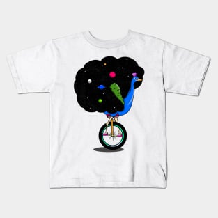 Peacock riding a bike Kids T-Shirt